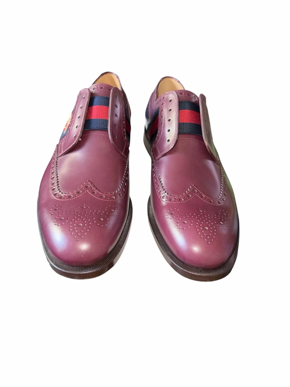Gucci Men's Burgundy Wingtip Oxfords with Signature Web and Bee size 10.5
